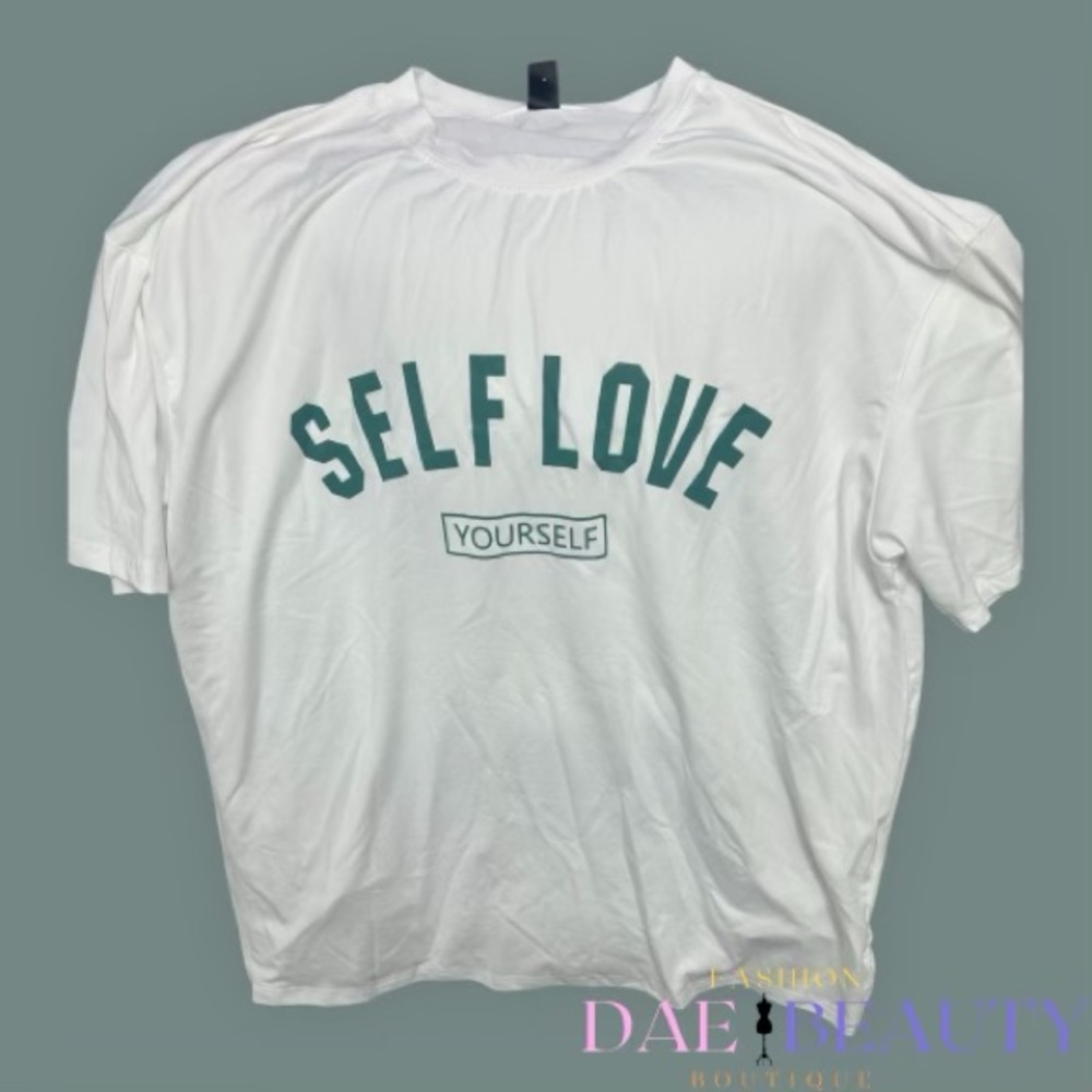 White T-Shirt with Green 'Self Love' Print